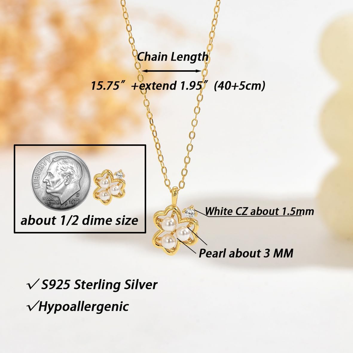 3MM Pearl Clover Pendant Necklace for Women,925 Sterling Silver Simulated Pearl Three-Leaf Flower Choker Necklace,14k Gold Plated Lucky Flower Pearl CZ Charm Jewelry to Mom Daughter Valentines Gifts