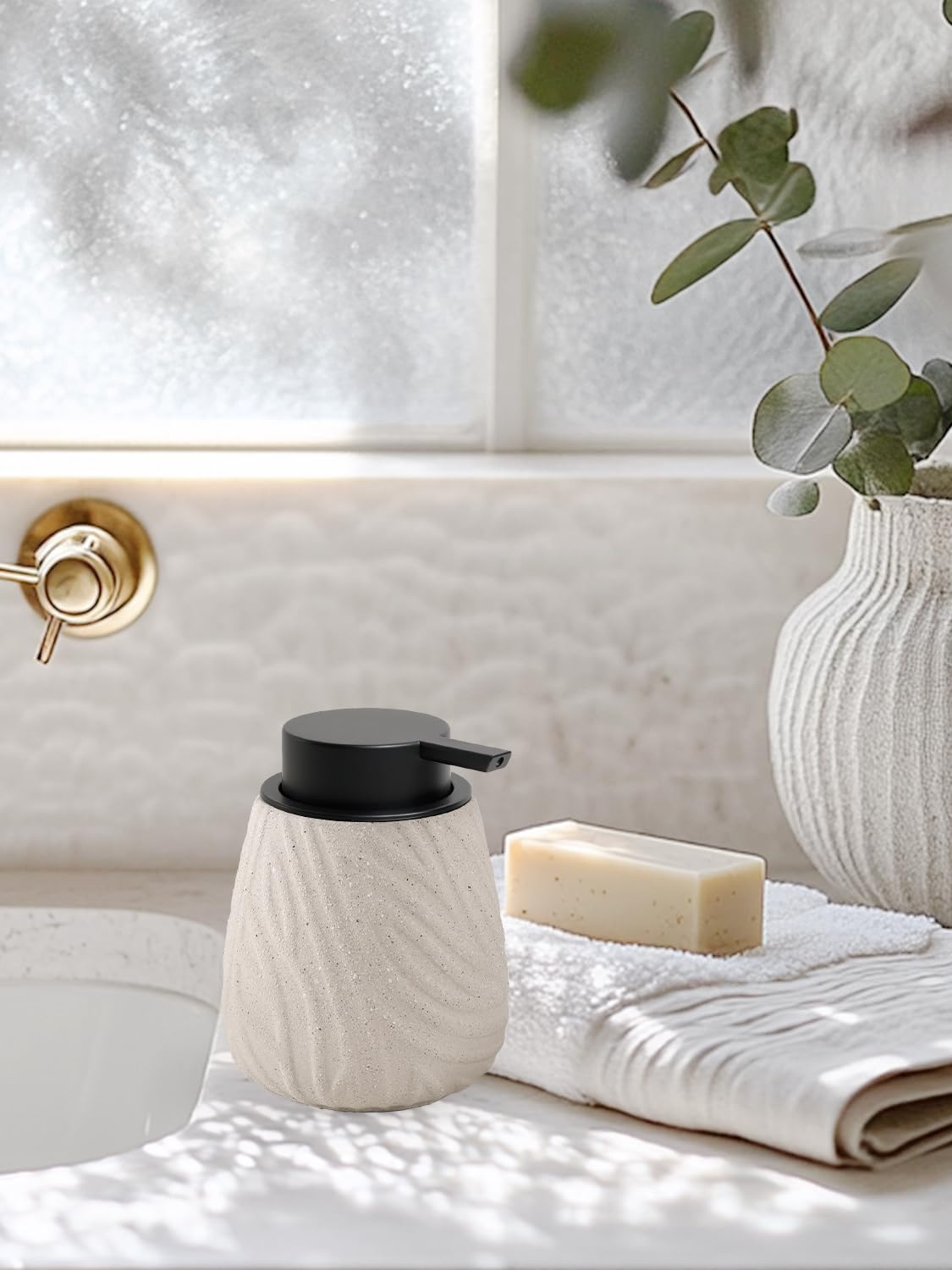 Dozownik mydła z pianki, dozownik płynu do mycia naczyń, 400 ml, naturalny beżowy, z dużą głowicą pompki, ceramiczny dozownik mydła piankowego do kuchni, łazienki