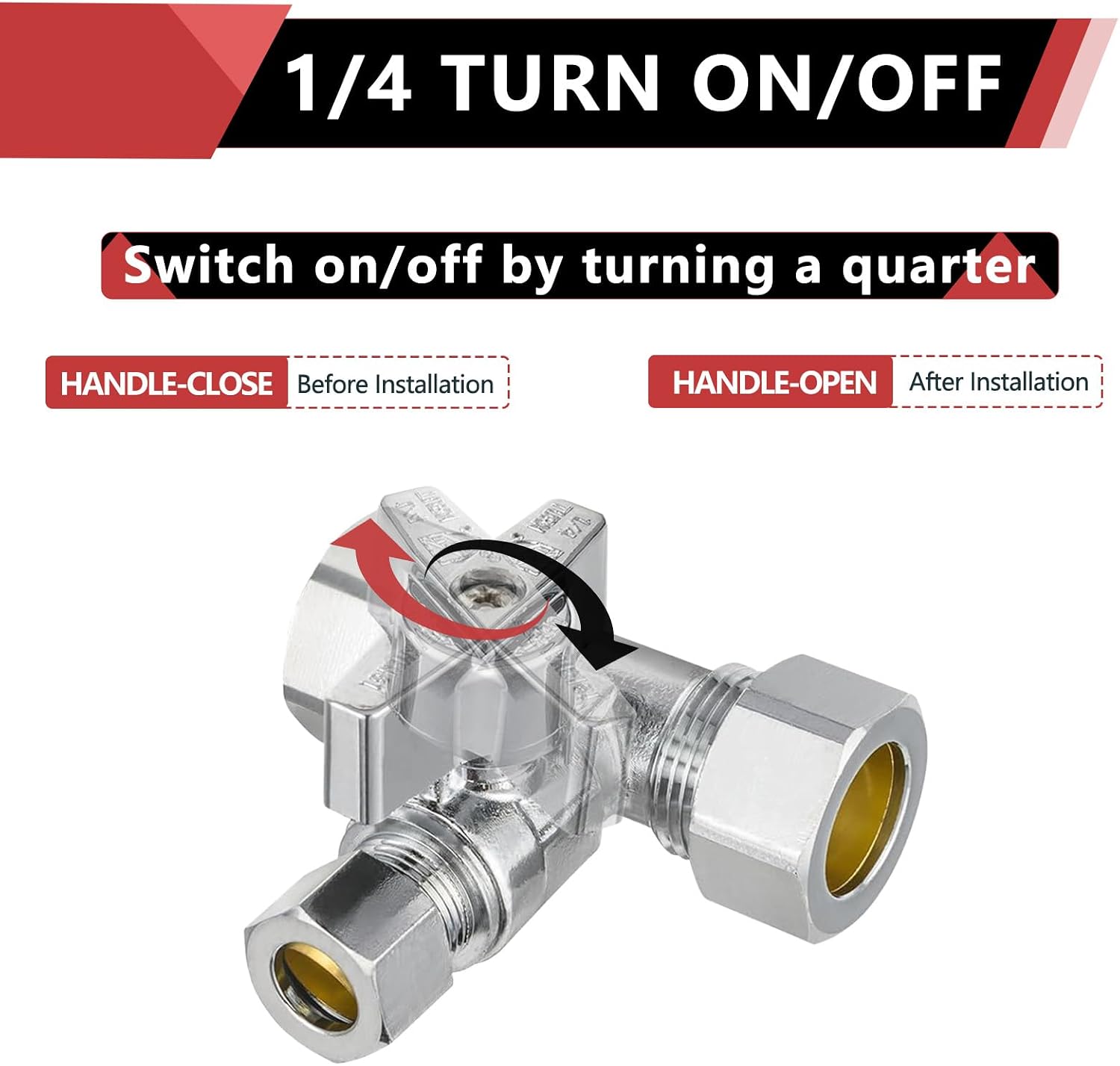 1PCS EFIELD Compression Stop Tee Valve,Dual 1/2" NOM (5/8" OD) x 3/8"OD COM | 1/4 Turn Water Shut Off Valve,Chrome Plated Brass-VALVE247(1)