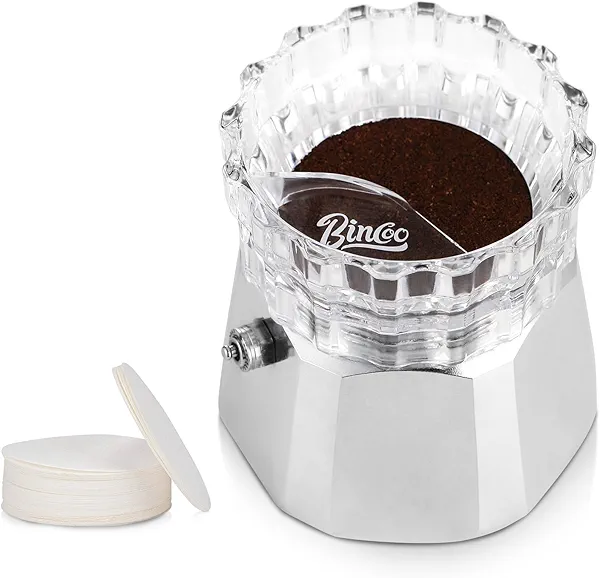 Bincoo Moka Pot Dispenser with 100pcs Filter Paper, Rotating Powder Filler, Funnel, Powder Receiving Cup, Moka Pot Accessories (Small - 2-3 Espresso Cup Gift Set)