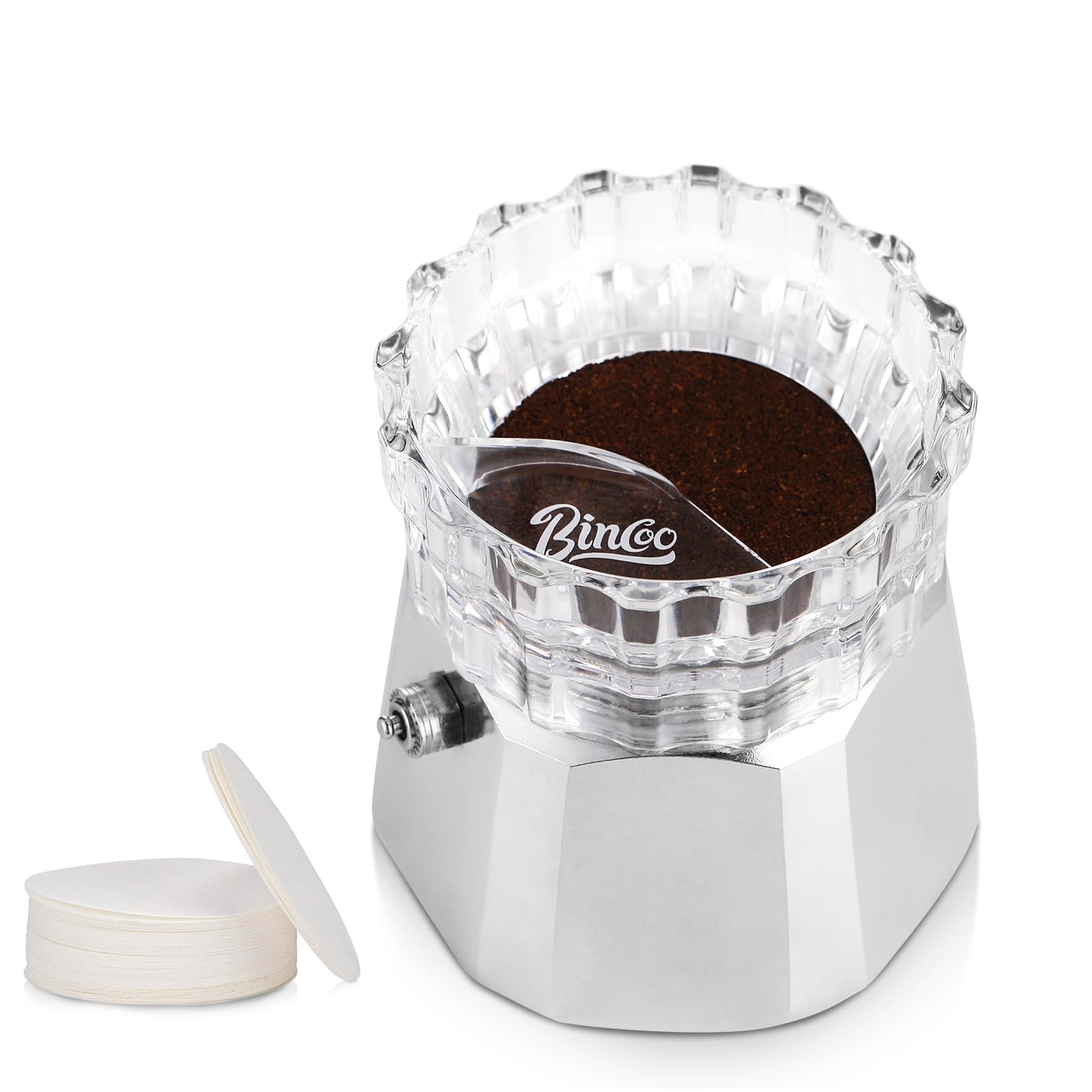 Bincoo Moka Pot Dispenser with 100pcs Filter Paper, Rotating Powder Filler, Funnel, Powder Receiving Cup, Moka Pot Accessories (Small - 2-3 Espresso Cup Gift Set)