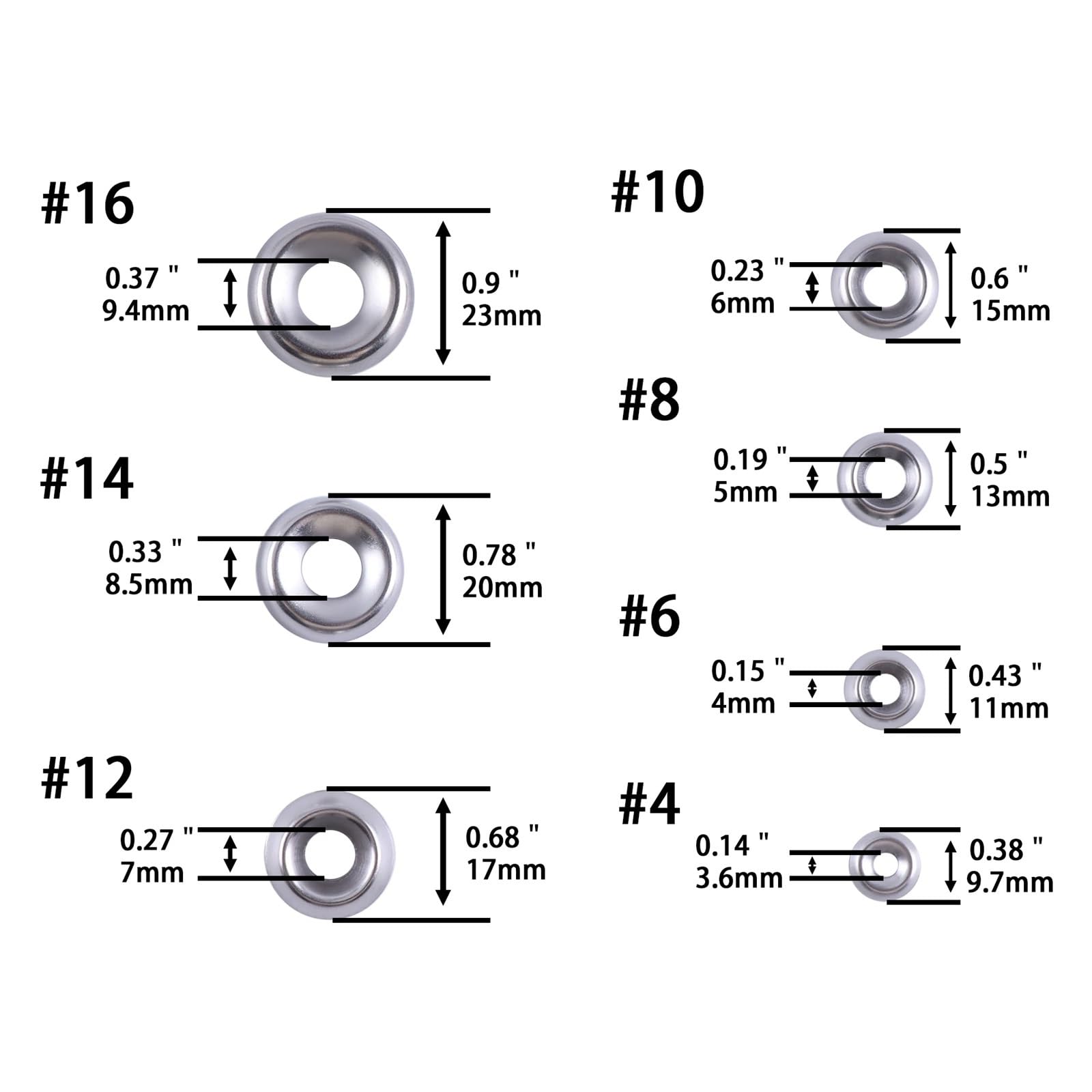 Rondelles fraisées 296 pièces, Jeu de rondelles Plates en Acier Inoxydable for #4-#16