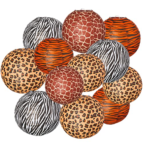 Mudder 12 Pieces Jungle Animal Print Paper Lanterns Safari Party Decorations Hanging Lantern Jungle Decorations for Birthday Party Farm Shower Home Doorway Bedroom Ceiling Decor