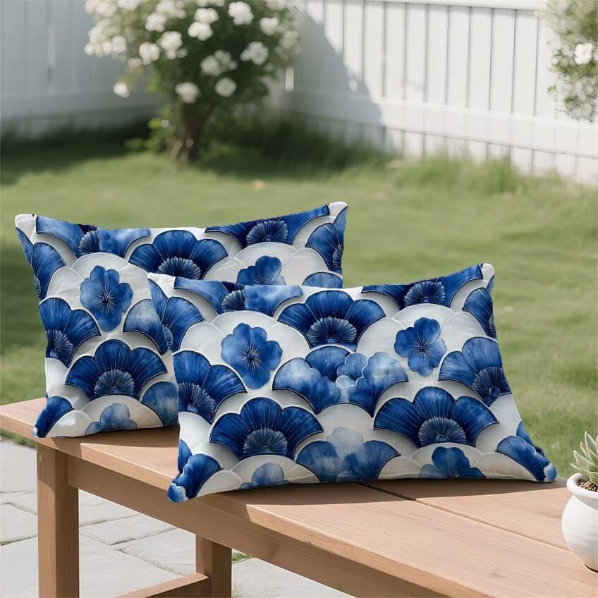 Housse de coussin lin impermeable 50x70cm avec impression double face bleu blanc