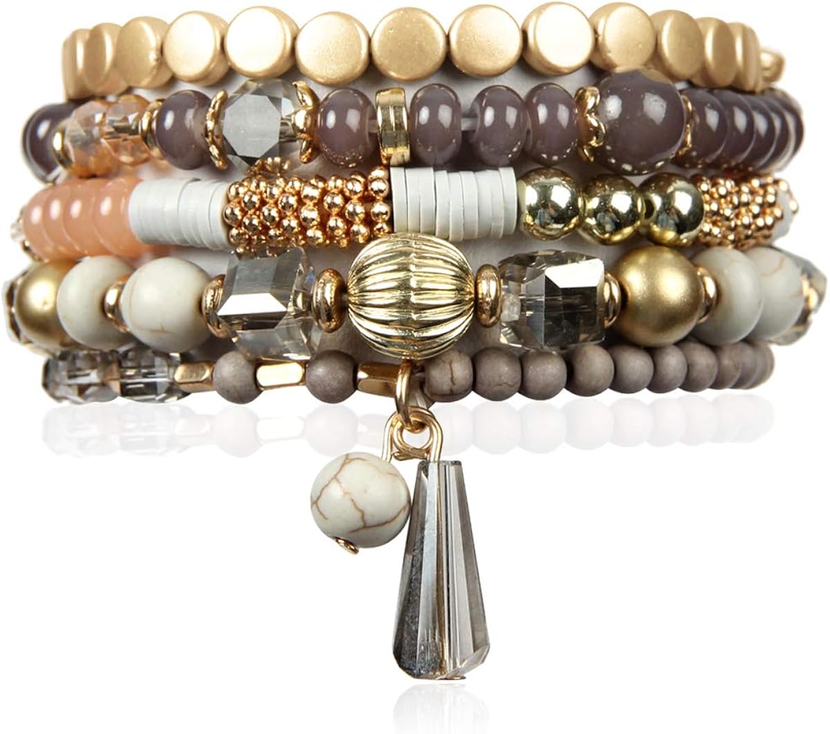 RIAH FASHION Bohemian Mix Bead Multi Layer Versatile Statement Bracelets - Stackable Beaded Strand Stretch Bangles Sparkly Crystal, Tassel Charm