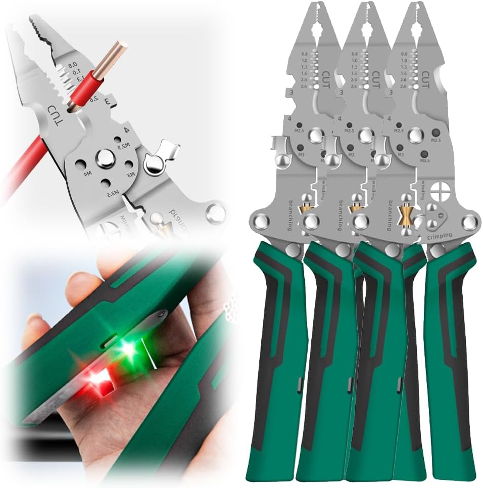 8-in-1 Wire Stripper, Multifunctional Cable Cutter with Voltage Tester, Twister for Cutting and Pulling Wires, Foldable Electrician Tool with Measurement Function (3PCS)