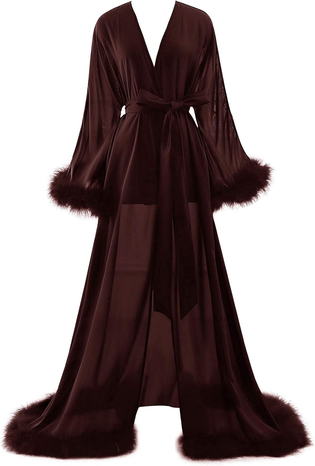 Molisa Sexy Feather Robe Chiffon Sheer Long Lingerie Wedding Scarf Illusion Nightgown Bathrobe Bridal Robe