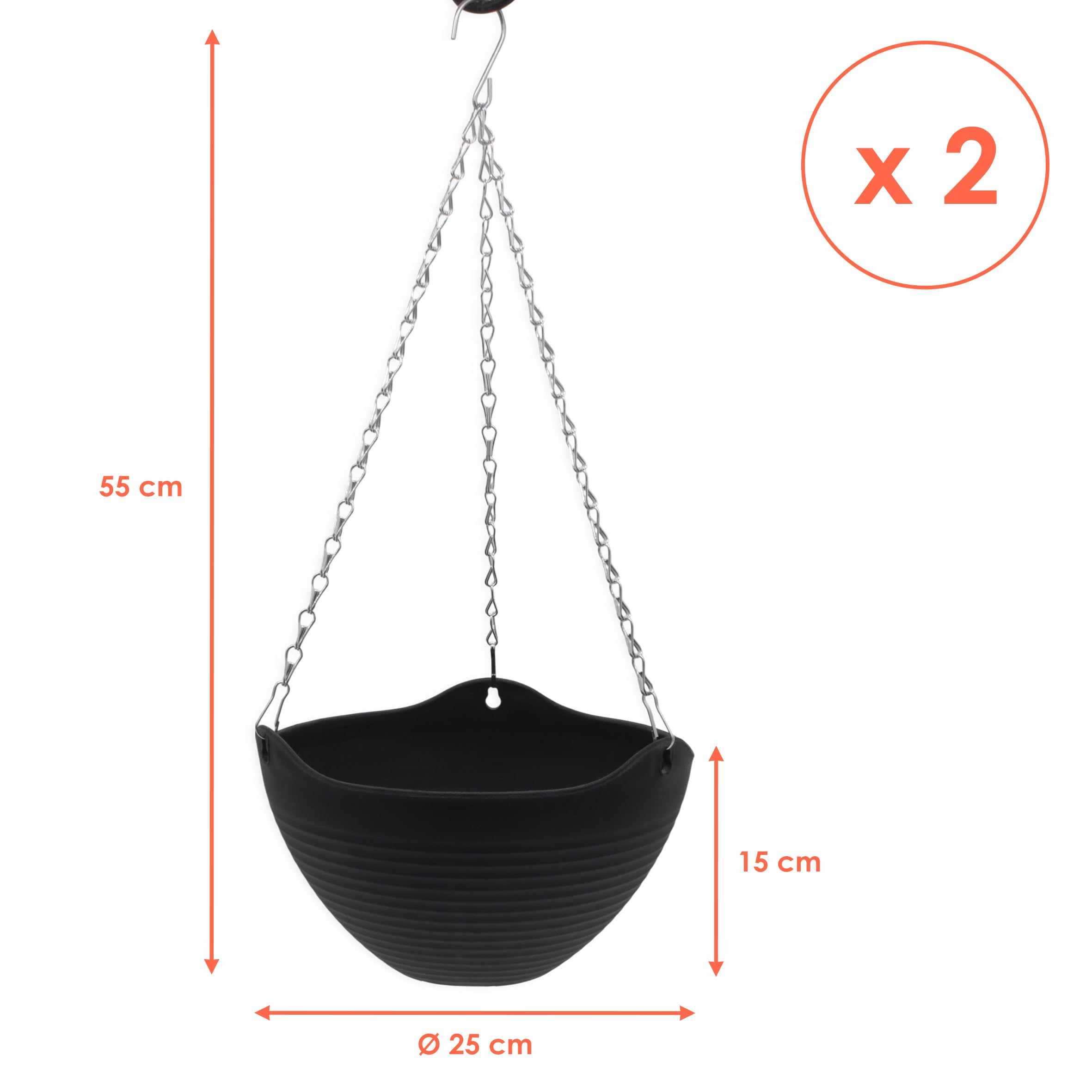 Spetebo Lot de 2 paniers suspendus anthracite avec structure rainurée - 25 cm - En plastique - Avec écoulement et chaîne en métal - Décoration de jardin - Pot de fleurs suspendu