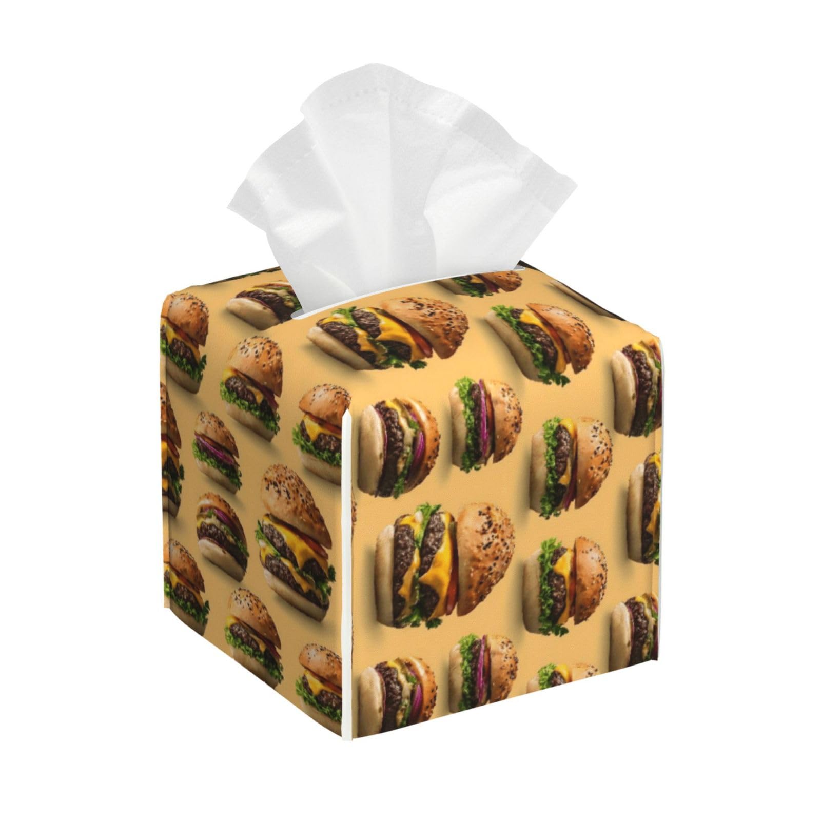 Realistic Hamburger A Print Tissue Box Cover Holder Square, Foldable Modern Cube Tissue Box Cover, Leather Decorative Organizer for Tabletop Bathroom Car Office Desk Decor