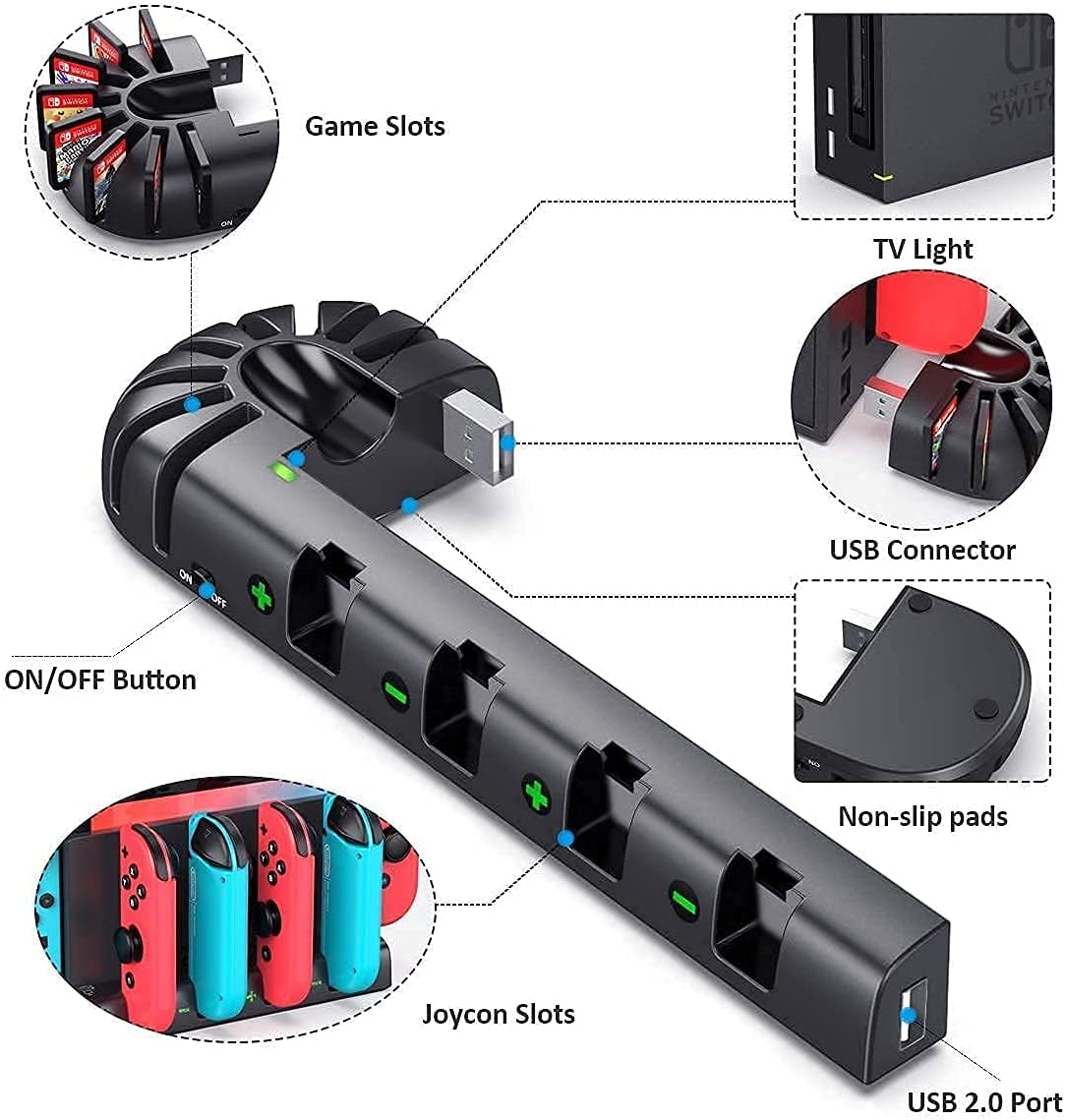 Switch Controller Charger Dock Station Compatible with Nintendo Switch Accessories & OLED Model Joycons, KDD Joycon Charging Dock Station with Upgraded 8 Game Storages, Game Accessories - Image 7