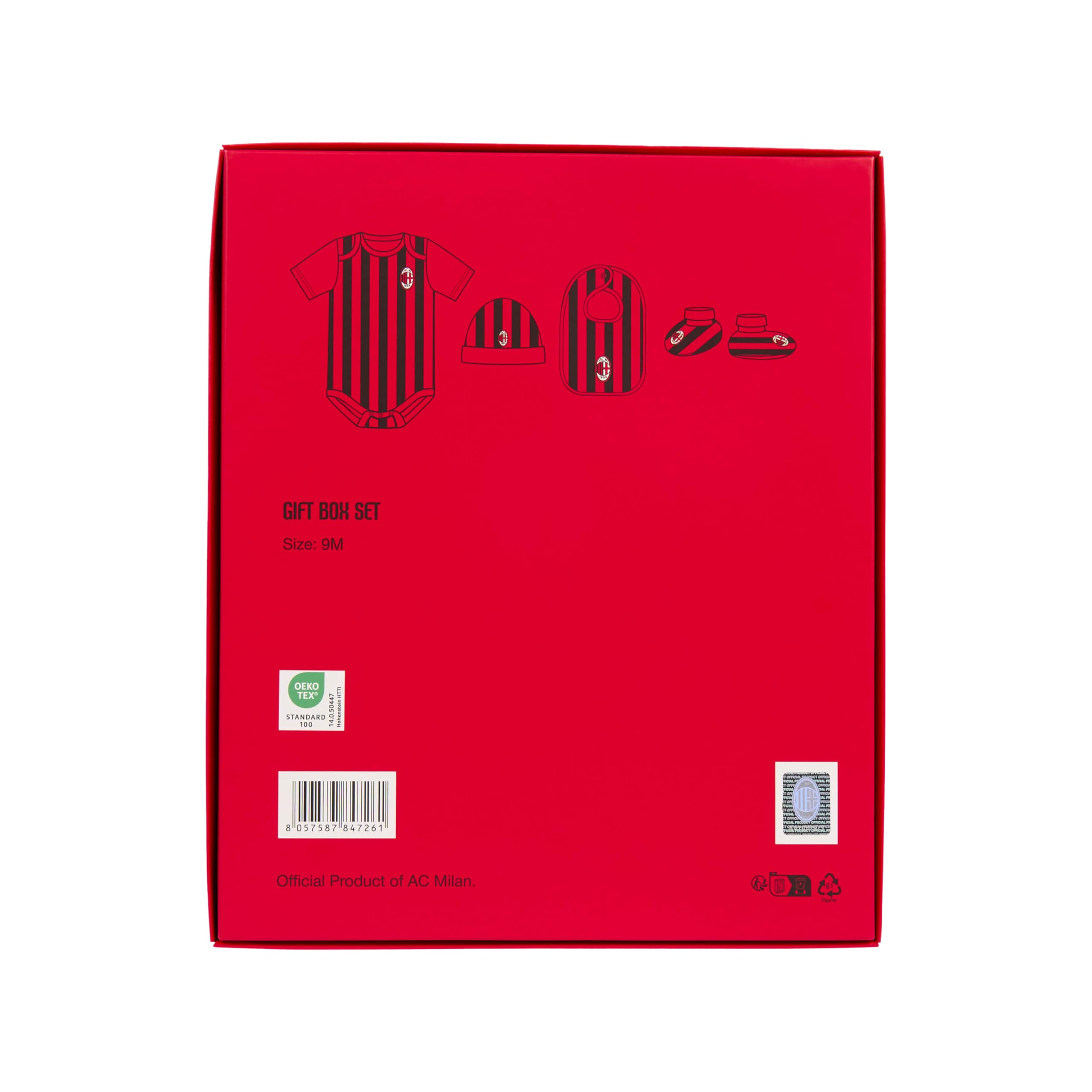 A.C. Milan - Scatola Regalo 4 Pezzi, Body Manica Corta, Calzini, Cuffietta e Bavaglino, Prodotto Ufficiale