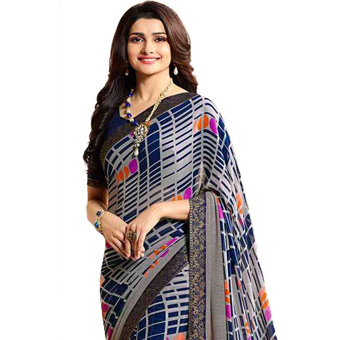 MAHEK Indian Women's Georgette New Fancy All Over Flower Prints Saree with Border & Blouse (Blue)