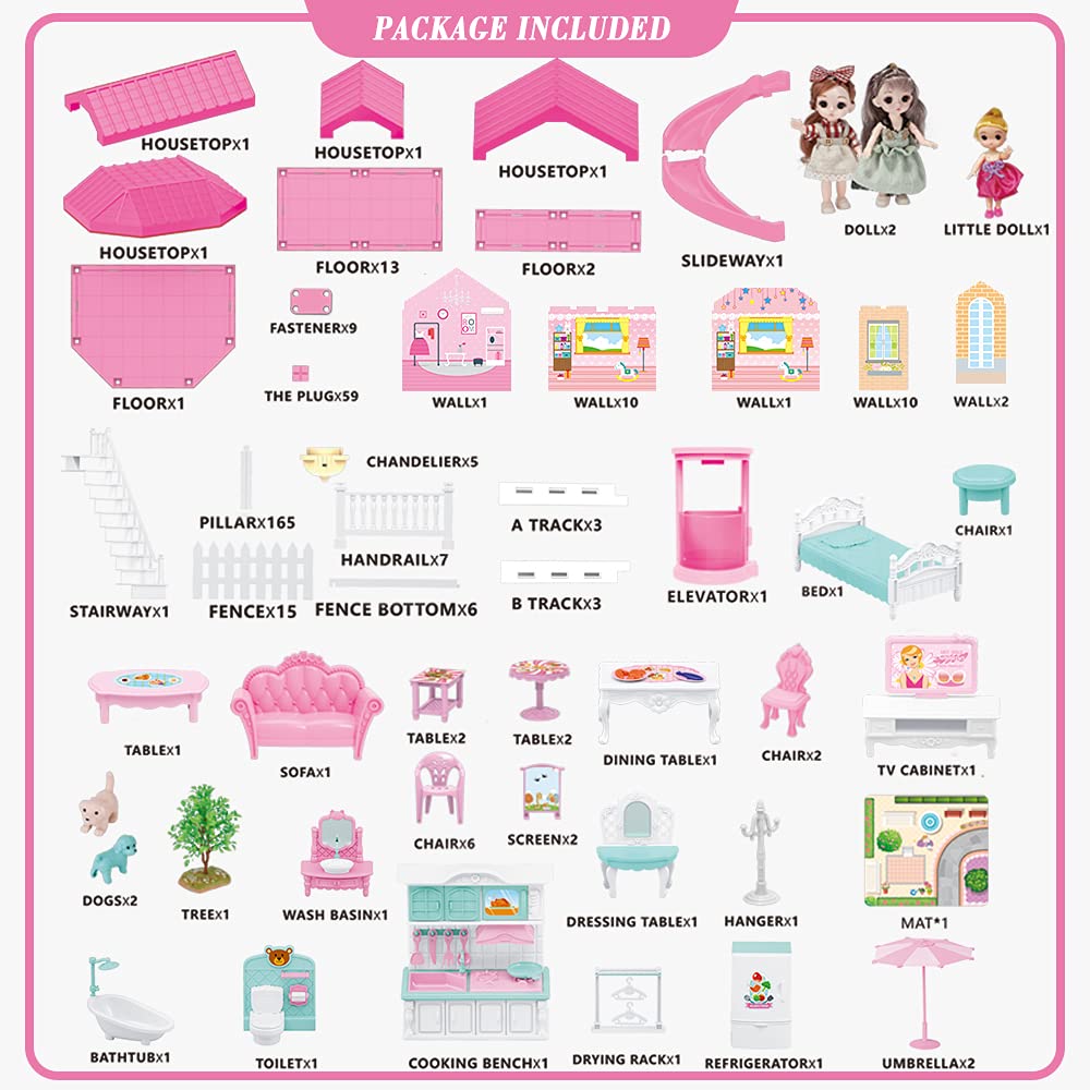 Diagram showing all included parts and their quantities for the Mini Tudou Doll House