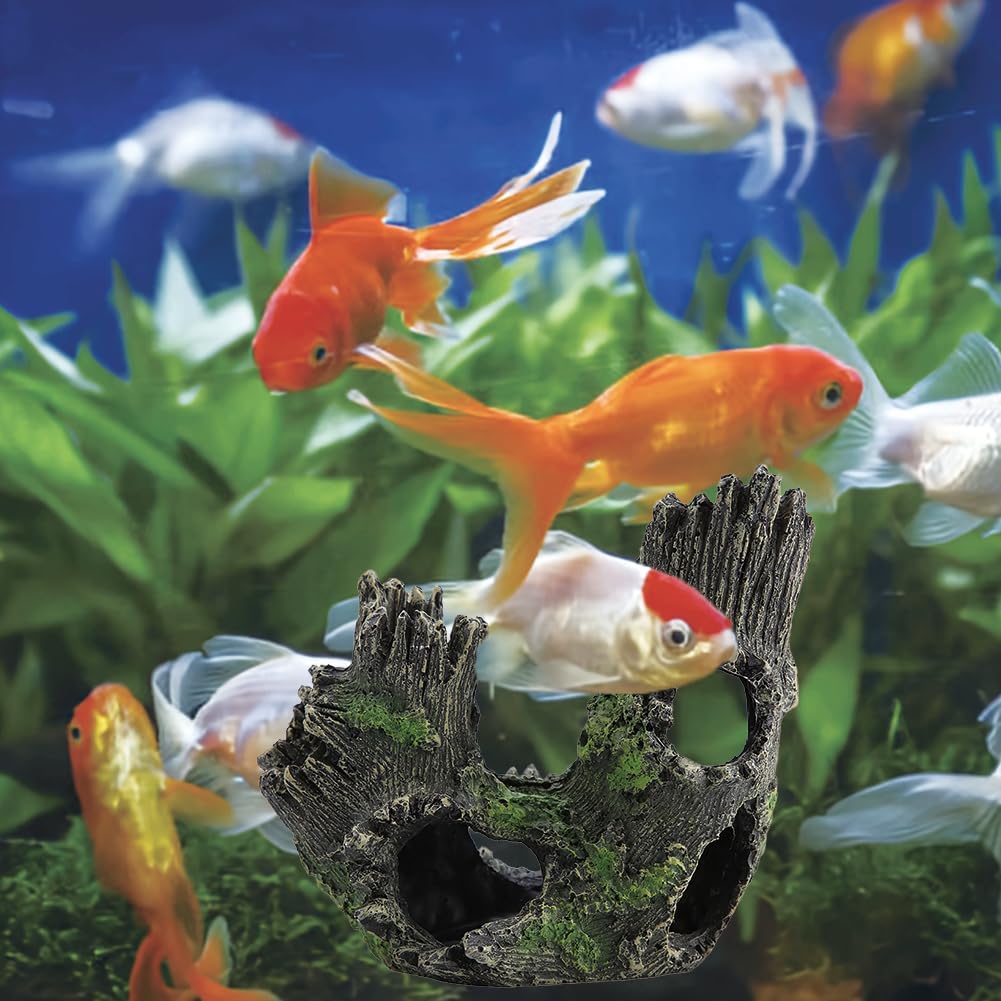 Aquarium Tree Trunk, Hollow Landscape Stump Wood House Resin Ornament Hideout Caves Rocks Decor Fish Tank Hole Stone Decoration Accessories Betta Cichlid Turtles Small Lizards Reptiles Amphibians