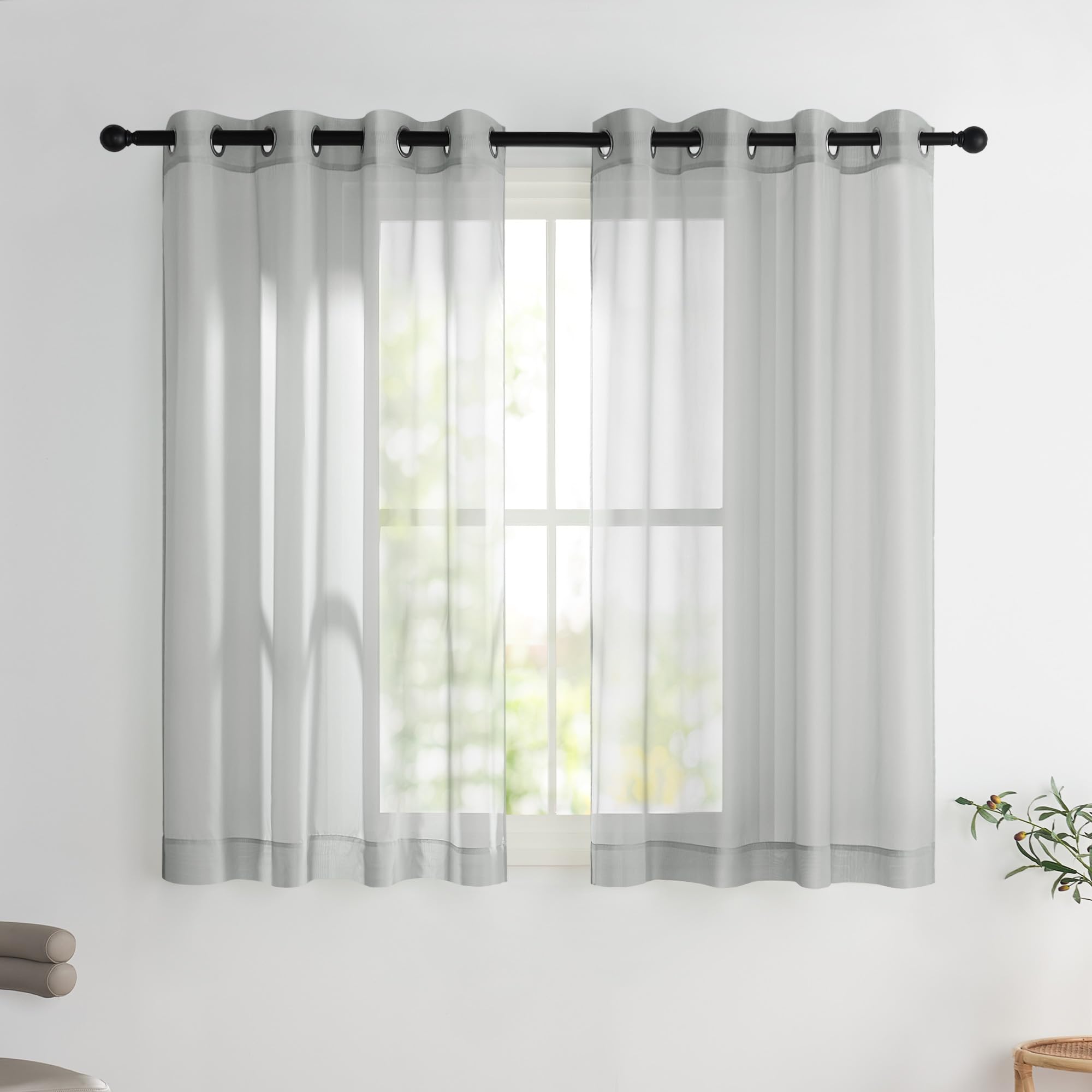 PONY DANCE Net Curtains for Windows 45 drop, Light Grey Voile Panels Eyelet Top Semi Transparent Short Sheer Curtains for Kitchen/Living Room, Lightweight Window Treatment Set of 2, 54 x 45 inches