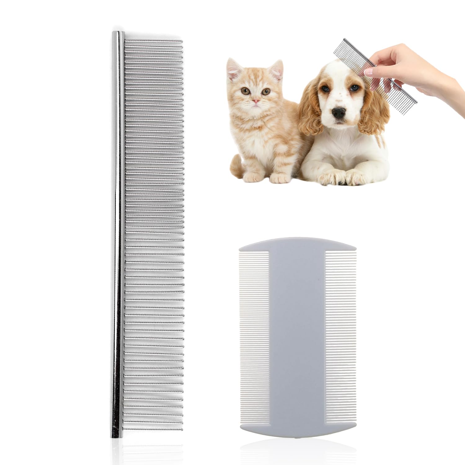 NyxSeat Juego de 2 peines para mascotas, peine de metal de acero inoxidable para mascotas y peine de plástico de dientes finos, herramienta para el cuidado del pelo para perros y gatos grandes,