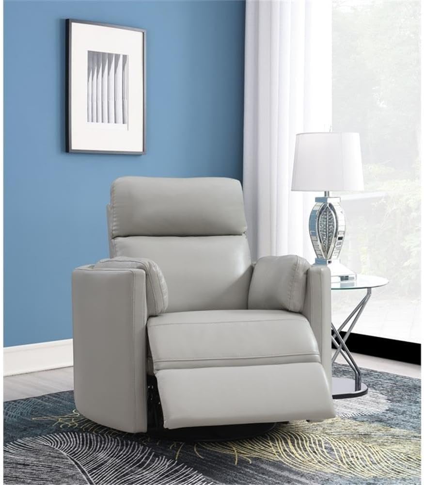 Pemberly Row Modern Wooden Glider Recliner with Swivel, 40" W x 37" D x 40.5" H, Gray Faux Leather, Channel-Tufted Back, Pocket Coil Seat, Contemporary Living Room Seating for Relaxation