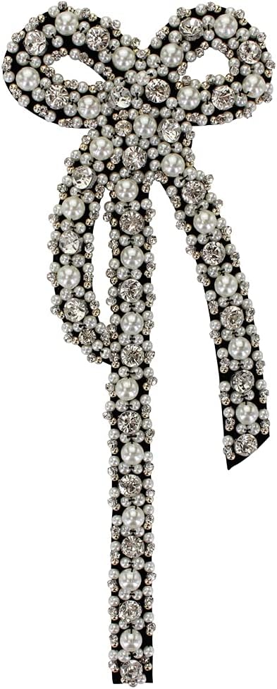 Handmade Large Pearl Bow Flower Beaded Patch for Clothing Embroidery Applique Decoration Patches Sewing on Accessories (Black)