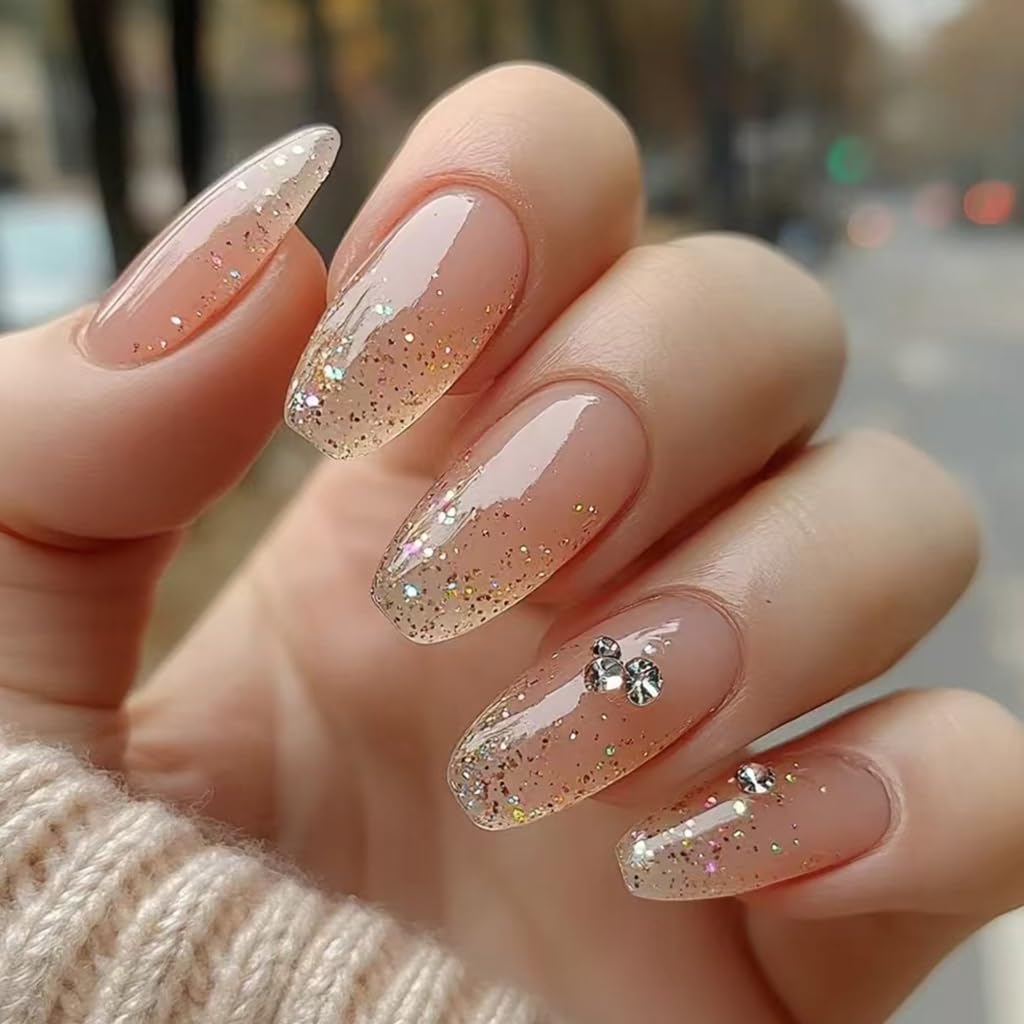 24 Pcs Mediums Ballerinas Rhinestones False Nails Elegant Acrylic Nails Glittering Stick on Nails