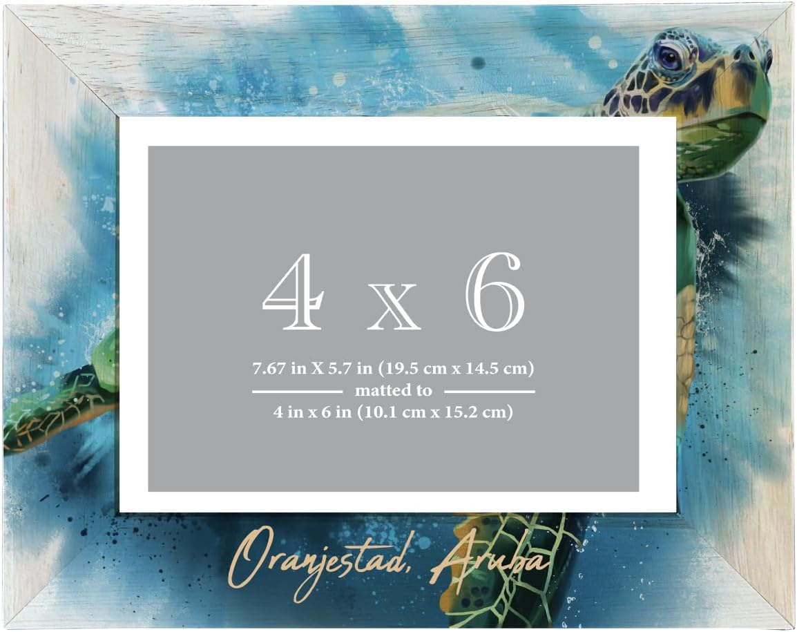 R and R Imports Oranjestad Aruba Souvenir Wooden Photo Frame Turtle Design Matted to 4 x 6