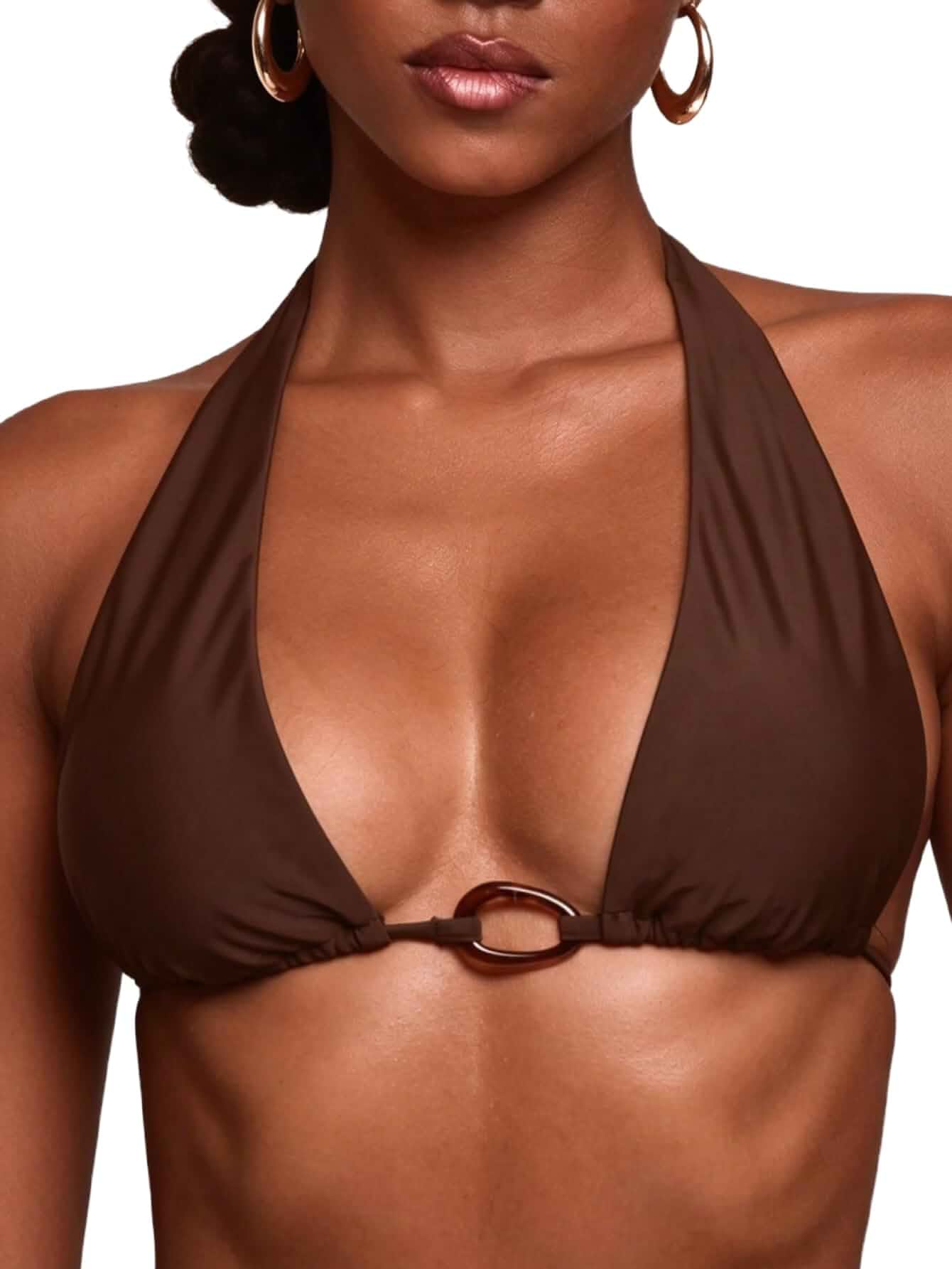 Milumia Women's Triangle Halter Bikini Top Ring Linked Tie Backless Bathing Suit Tops Summer