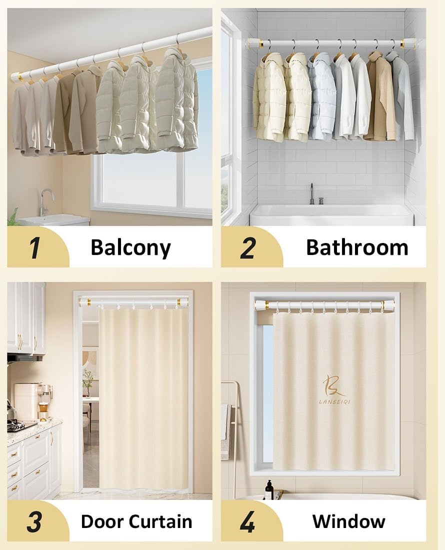 Adjustable Shower Curtain Rod Door Curtain Poles Outdoor Curtain Rods Telescopic Tension Rod Extendable 0.4m-5m No Drilling (Black, 0.4~0.55m/15.7~21.6in)