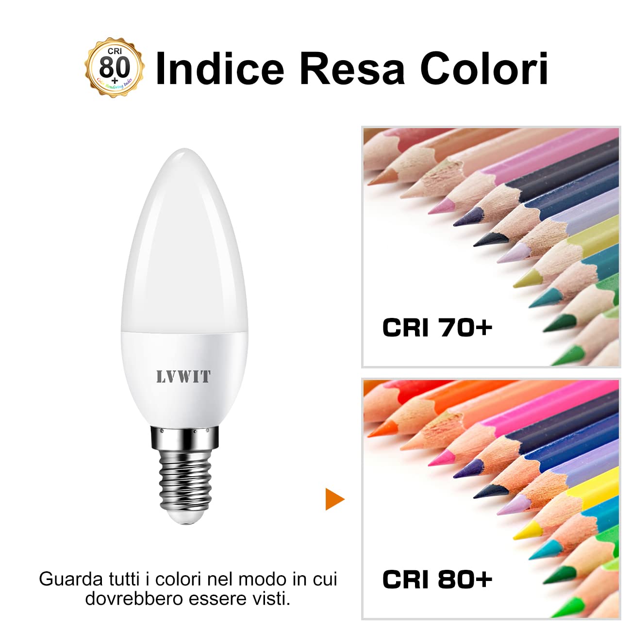 LVWIT Lampadine a LED E14 Candela, 4.9W Equivalenti a 40W, 6500K, Luce Bianca Fredda, 470Lm, Forma Candela C37, Risparmio Energetico, Non Dimmerabile, Pacco da 6 Pezzi