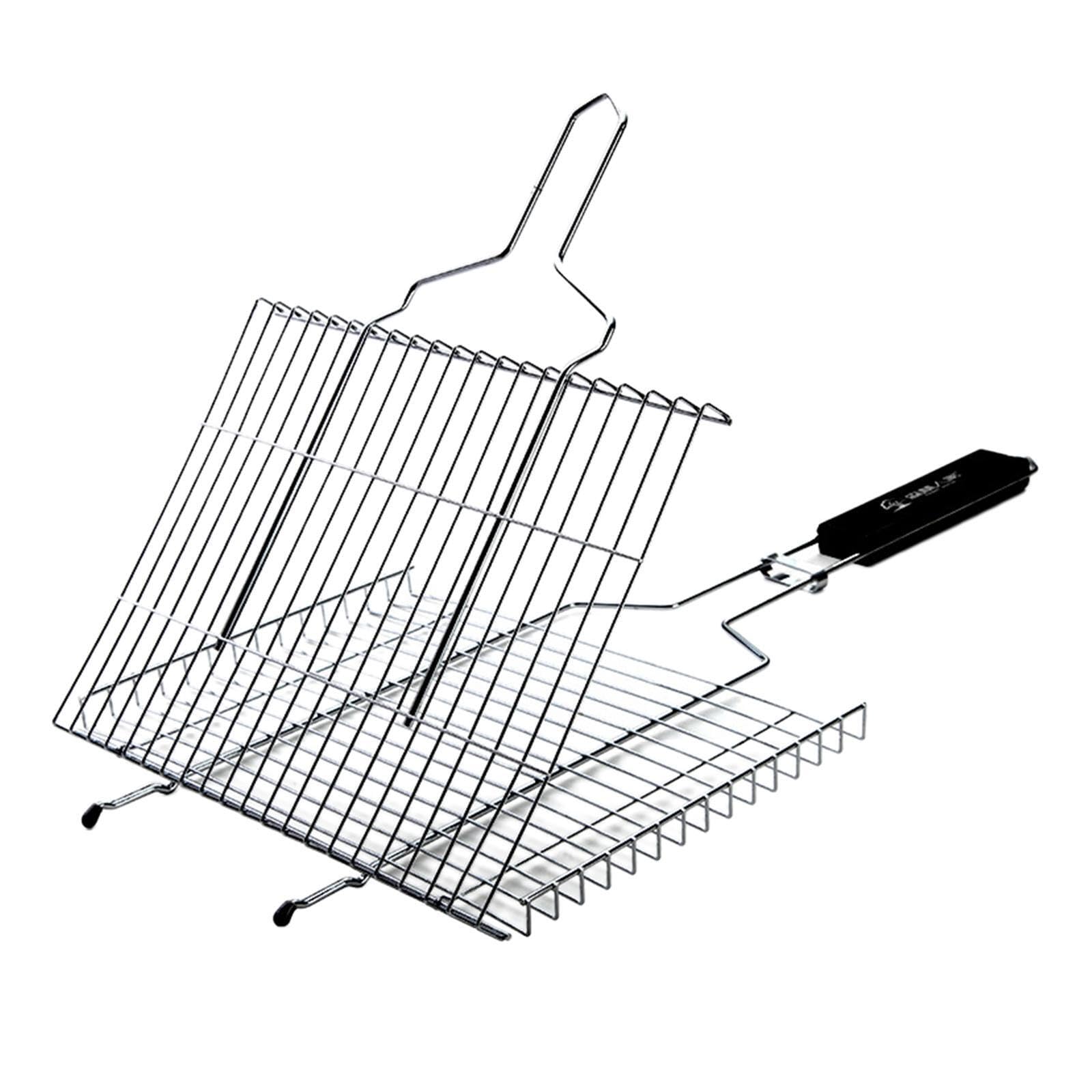 Cestino per griglia portatile, cestino per grigliare il pesce in acciaio Per inox con griglia bloccabile per cucinare all'aperto, reti pieghevoli, Argento, 62.5x42 cm