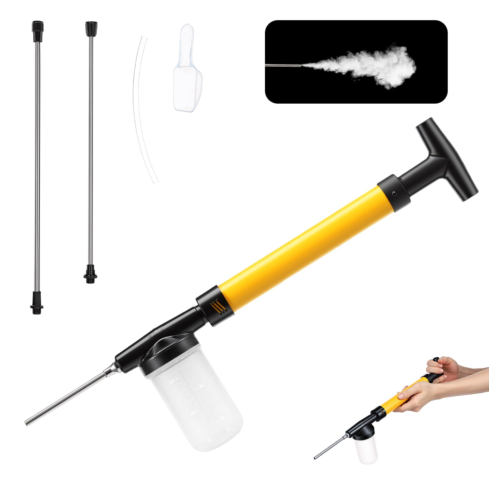 Diatomaceous Earth Powder Sprayer with 50-Inch Extendable Stainless Steel Wand, Pneumatic Push-Pull Duster Applicator for Pest Control & Garden, 120ml Adjustable Output Dispenser(yellow)