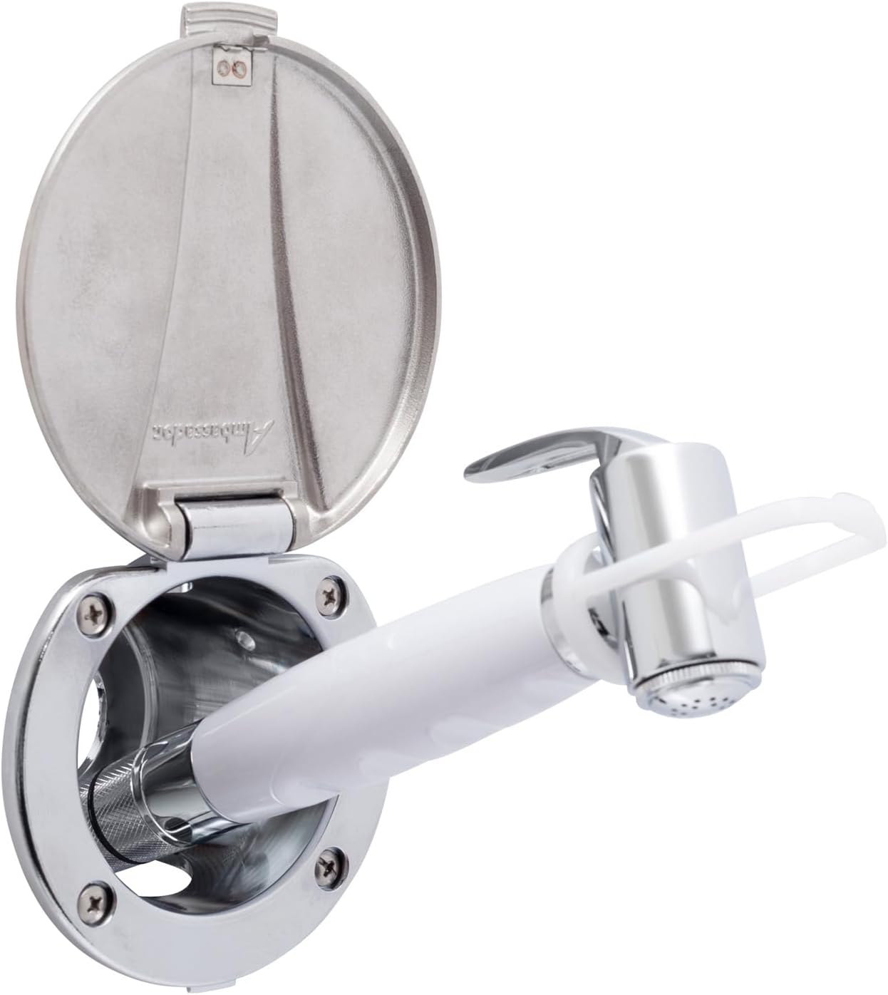 Ambassador Marine Recessed Shower- Chrome Cup with Stainless Steel Lid, Hammer-Head Arctic White Sprayer, 10' White Rubber Hose - 136-0044-CA-W