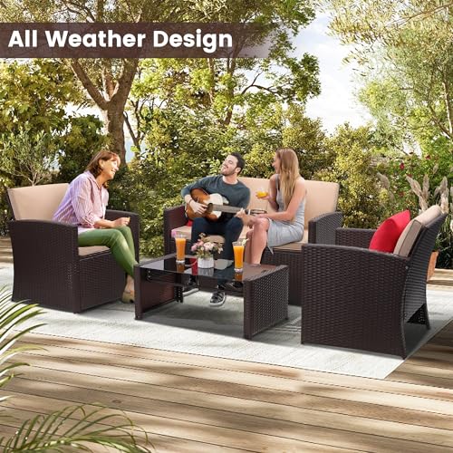 Image of KROFEM 4 Piece Patio Furniture Set, Outdoor Wicker Conversation Set | Washable Cushions, 2 Armchairs + Loveseat Sofa + Coffee Table, Hand Woven UV Treated Wicker, Rustproof Steel Frame, Beige