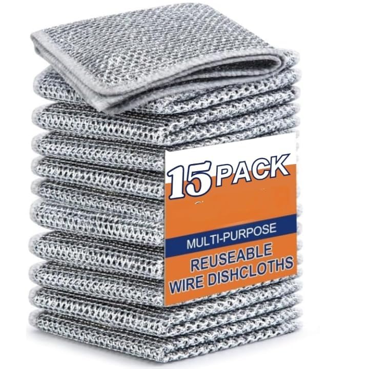 MOKRUSH Pack 15 Multipurpose Wire Dishwashing Rags for Wet and Dry Stainless Steel Scrubber Non-Scratch Wire Dishcloth for Washing Dishes Sinks Counters Easy Rinsing Machine Washable (Medium)
