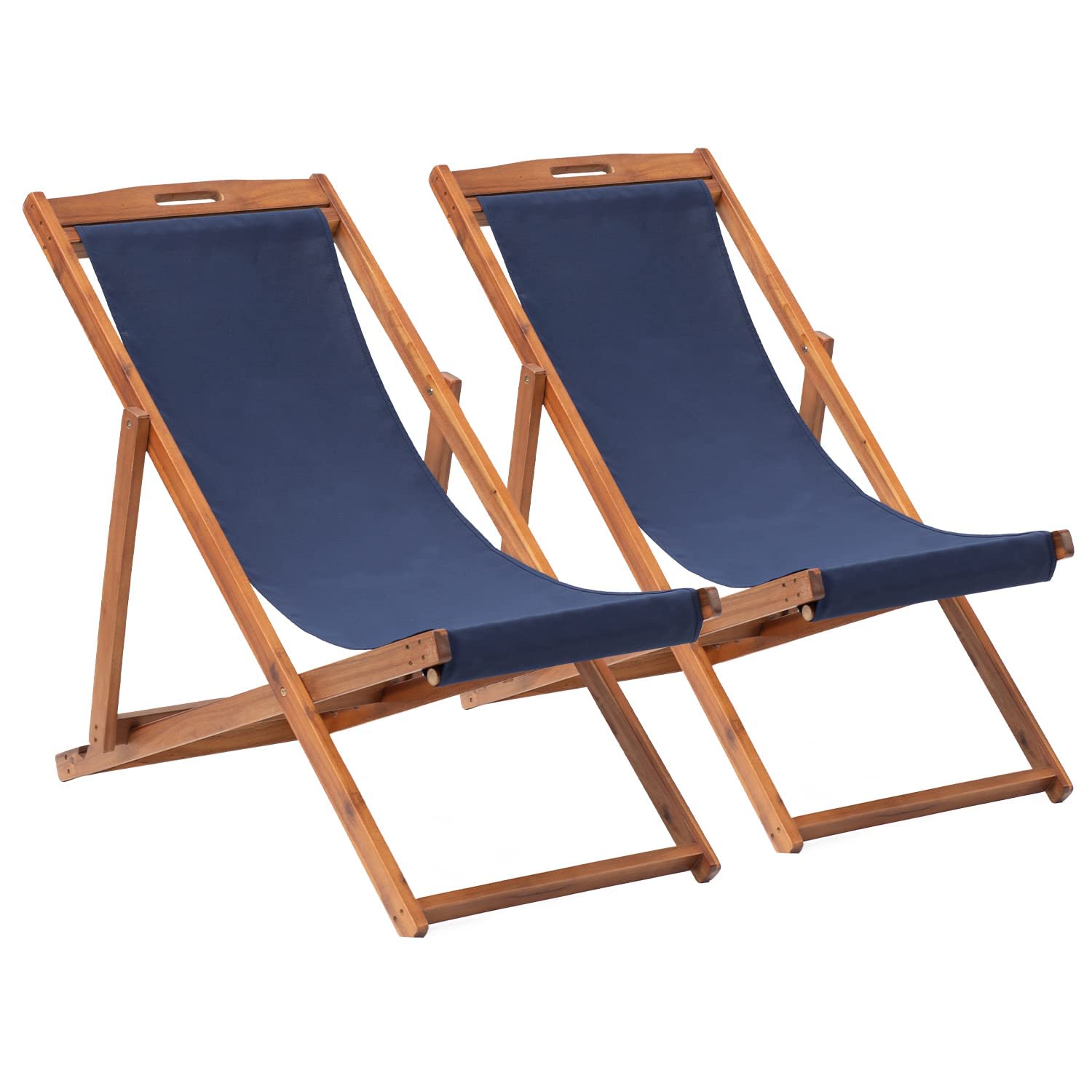 Capacmkseh Patio Lounge Chair Outdoor Beach Chair Set of 2, Modern Wooden Foldable Sling Chairs with 3-Level Height Adjustable Reclining Position,
