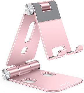 OMOTON Foldable Cell Phone Stand, C4 Portable Aluminum Phone Holder | Adjustable Phone Dock Cradle Compatible with iPhone 17/16/15/14 Pro Max, Samsung Galaxy, Small Tablets, All Phones, Rose Gold