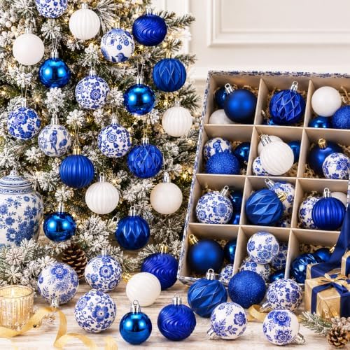 Lunmon 64 Pcs Chinoiserie Christmas Ornaments Blue and White Xmas...