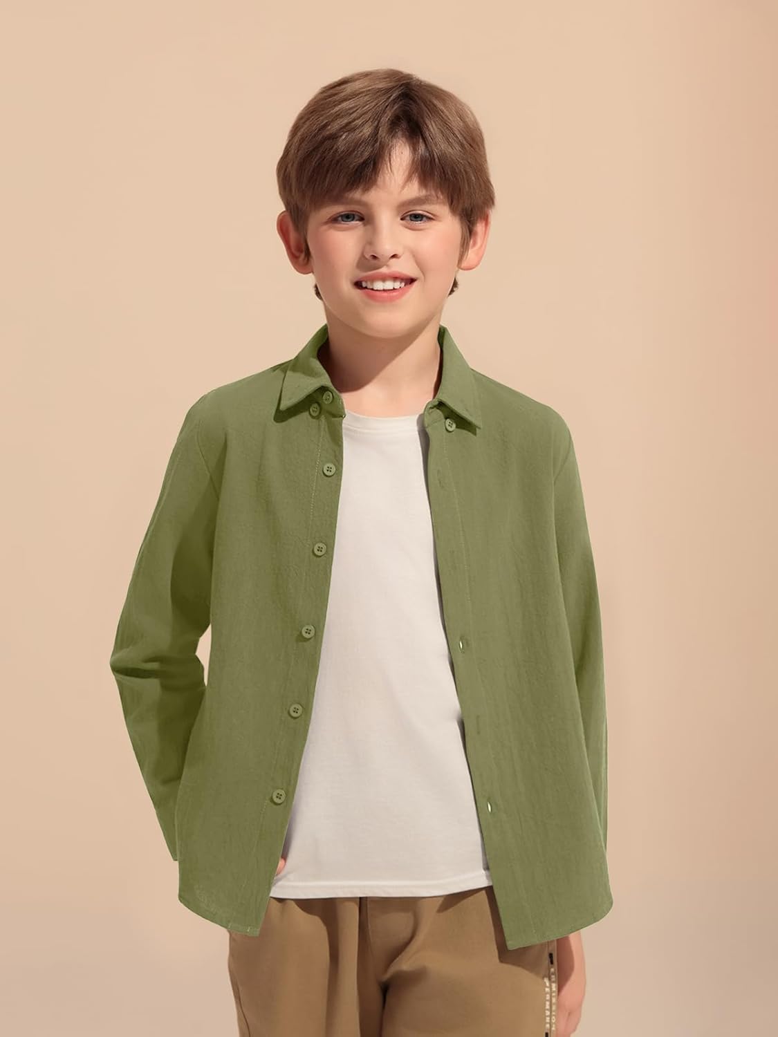 Haloumoning Boys Long Sleeve Button Down Shirt Kids Cotton Texture Dress Shirts School Uniform Shirt 5-14 Years - Image 2