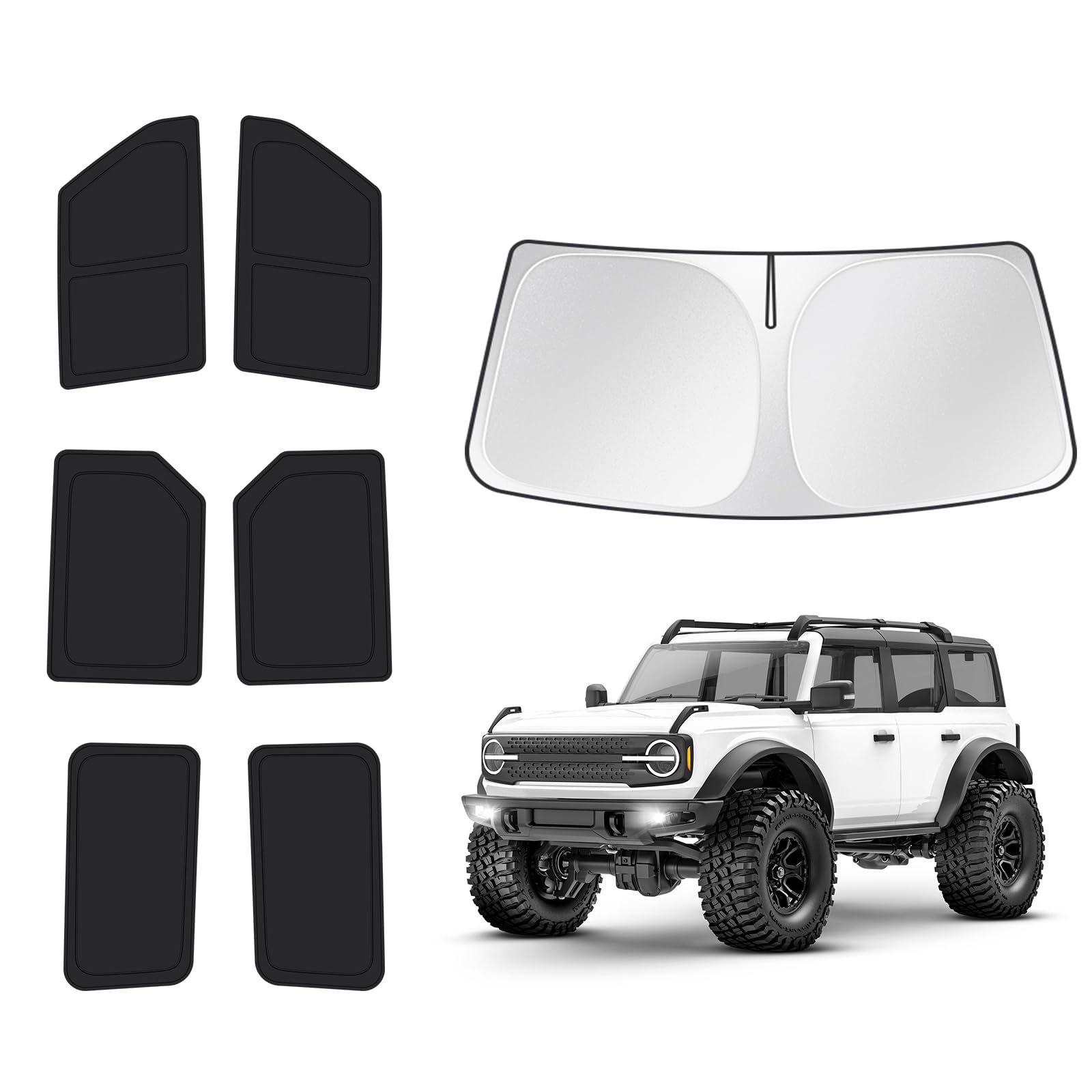 Photo 1 of T TGBROS Windshield Sun Shade for Ford Bronco 2021-2025 2026 Car Window Shades Thicken UV Block and Blackout Privacy Foldable Sunshades 7PCS Accessories Keep Cool Sun Visor Covers