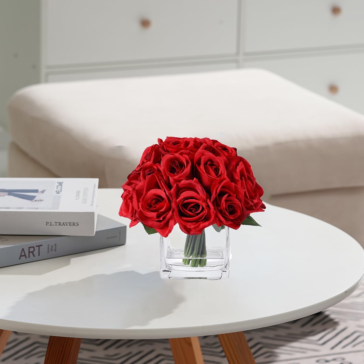 18 Heads Artificial Rose Flowers in Vase, Fake Rose Floral Arrangement in Vase with Fake Water for Dining Table Wedding Home Decor (Red)