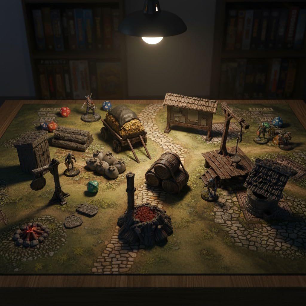 Zestaw artykułów miejskich – kompletne akcesoria do D&D, Warhammer, studni, toalety, szyldy, tablica gazet, wózek