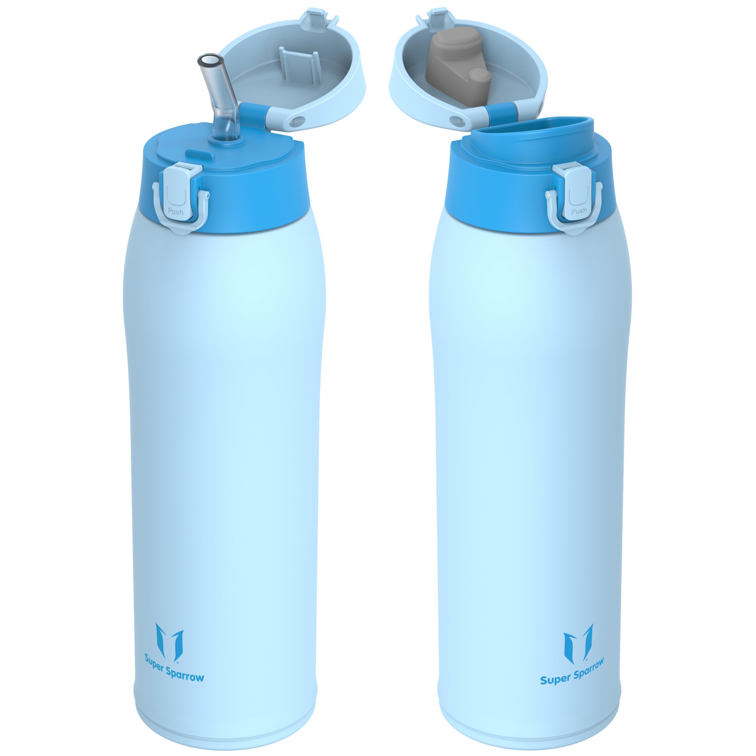 Super Sparrow M- Light Blue Insulated Water Bottle - Travel Mug - 950Ml - Stainless Steel Water Bottles - Bpa Free - Leakproof Metal Bottles - Includes 2 Lids, Straw Lid & Spout Lid