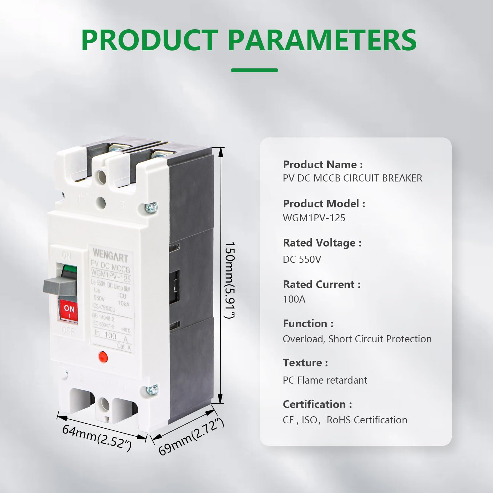 Wengart Interruttore Magnetotermico Scatolato DC 80A 550V, 2 Poli MCCB per Fotovoltaico e Batterie, Polarità Non Polarizzata (Cablaggio Libero), Isolatore Principale per Pannelli Solari e Inverter