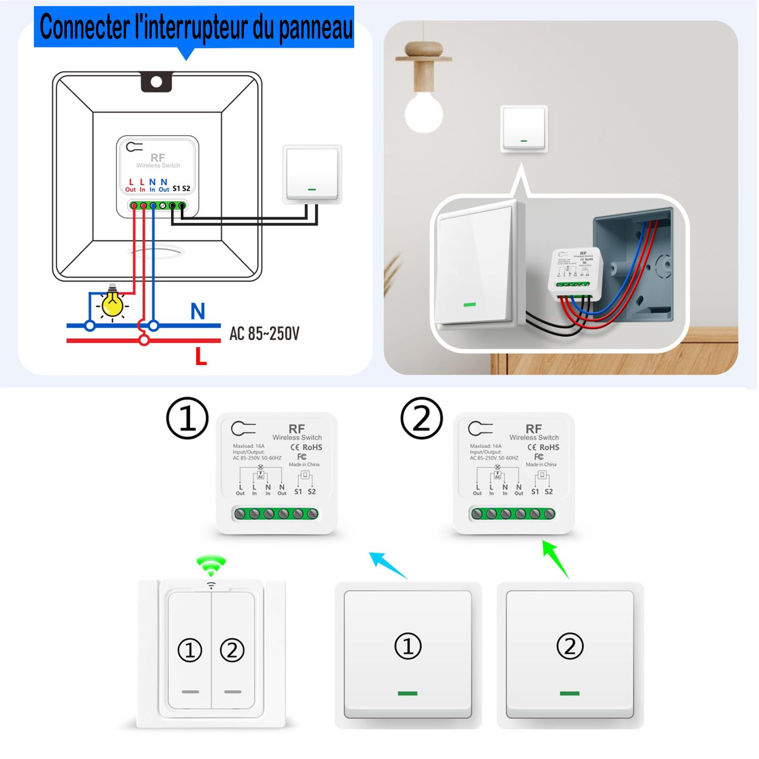 Kit Interrupteurs Sans Fil, Fonctionne Avec Un Interrupteur Mural, Portée De Contrôle Jusqu'à 100 M Pour Lampes D'intérieur Ampoules LED, Récepteur Relais AC220 V 2000 W(1 À 2)