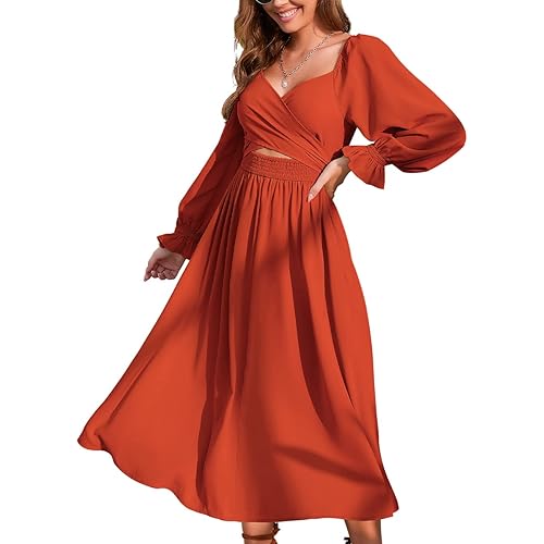 Women Tie Back Long Puff Sleeve Dress Sage Ruffle Wrap Reversible Flowy Casual Midi Dress with Pocket for Party Wedding Beach