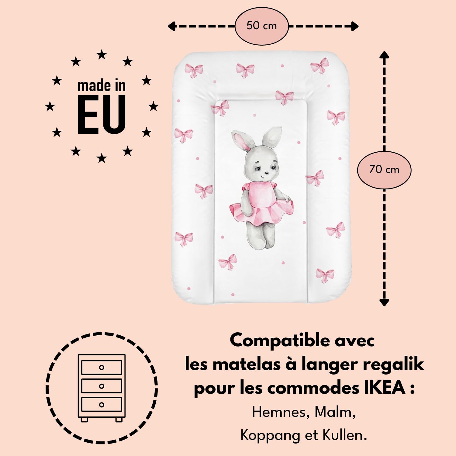 Matelas à langer 50x70 cm blanc avec lapin fille – imperméable & facile à nettoyer, doux pour nouveau-né – coussin à langer pour table à langer – matelas de change bébé