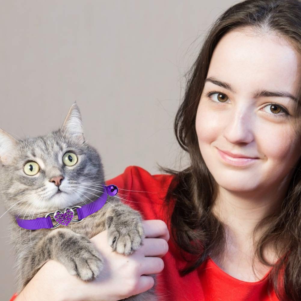 Mtliepte Katzenhalsband, Herz-Design, glitzernd, mit Glöckchen, verstellbar, für Kätzchen, Rot + Violett, 2 Stück