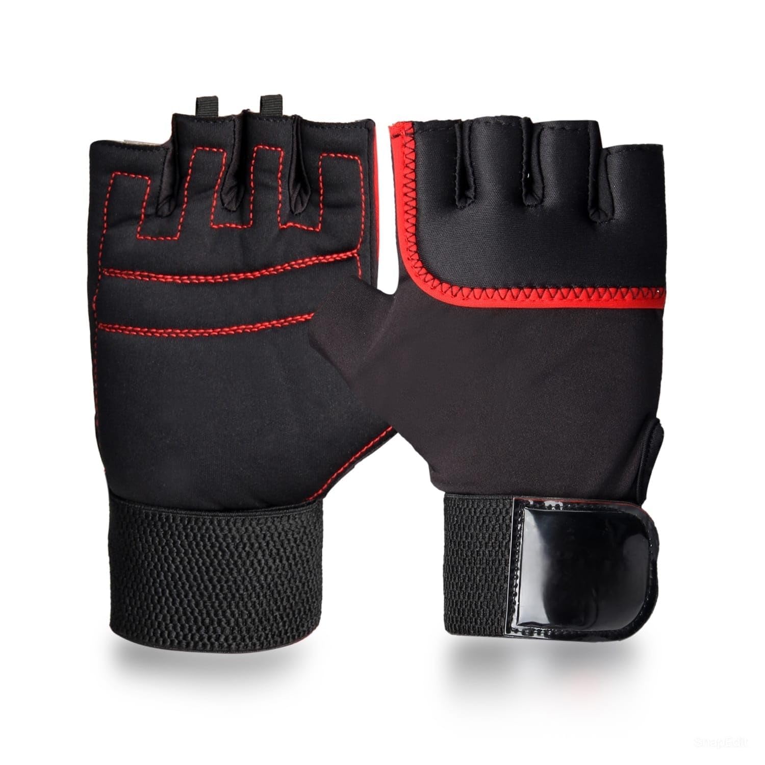 qtm leather sports glove for unisex, gloves gym workout, gym accessories men, gym gloves men workout, sport glove, fitness gloves, grip gloves, exercise gloves (pack of 2 pair, wrist red black)