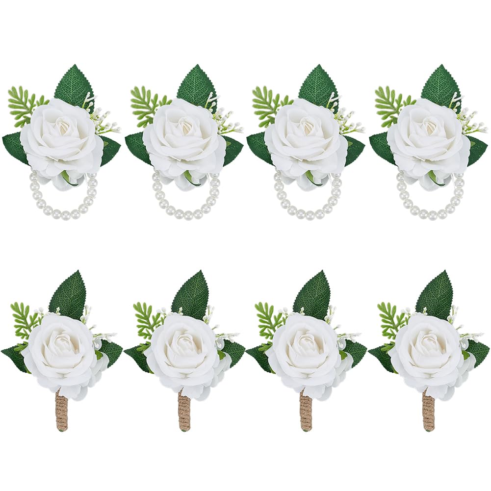 CUTHOLLOW 8 Stück Boutonniere Hochzeit and Corsage, Boutonniere Hochzeit Herren Set, Knopfloch Blumen mit Nadel und Clip, Künstliche Weiße Rosen-Ansteckblume für Braut, Bräutigam, Abschlussball
