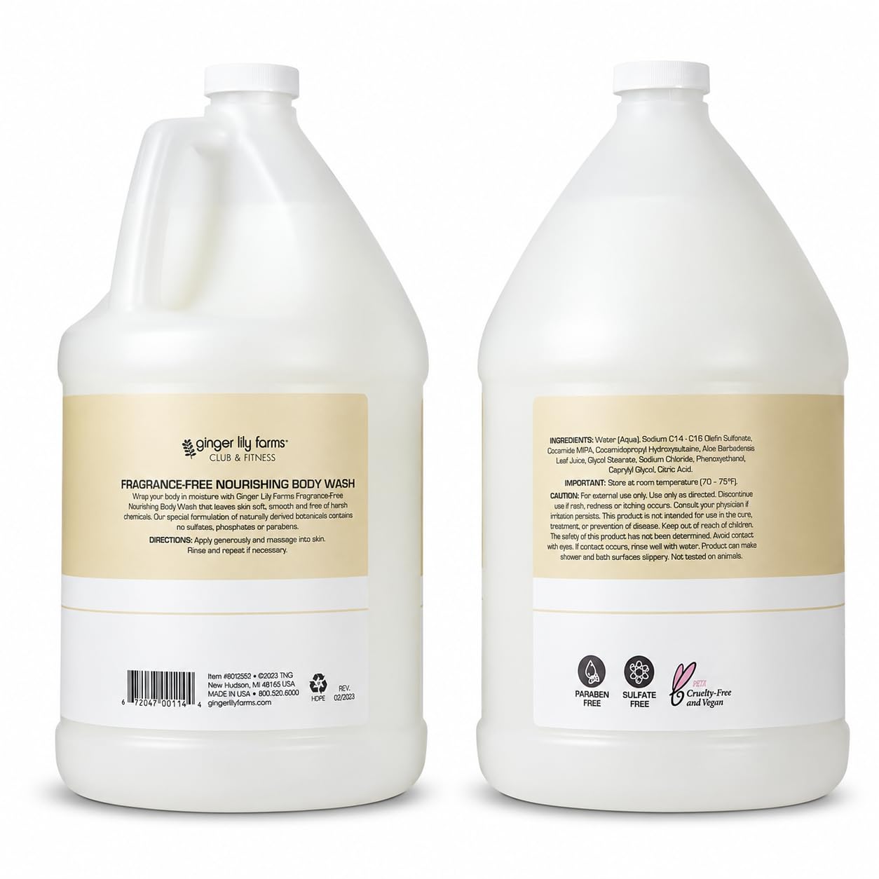 Ginger Lily Farms Club & Fitness Gel douche nourrissant, 100% végétalien et sans cruauté envers les animaux, gel de bain et douche pour homme et femme, sans parfum, recharge de 3,8 l
