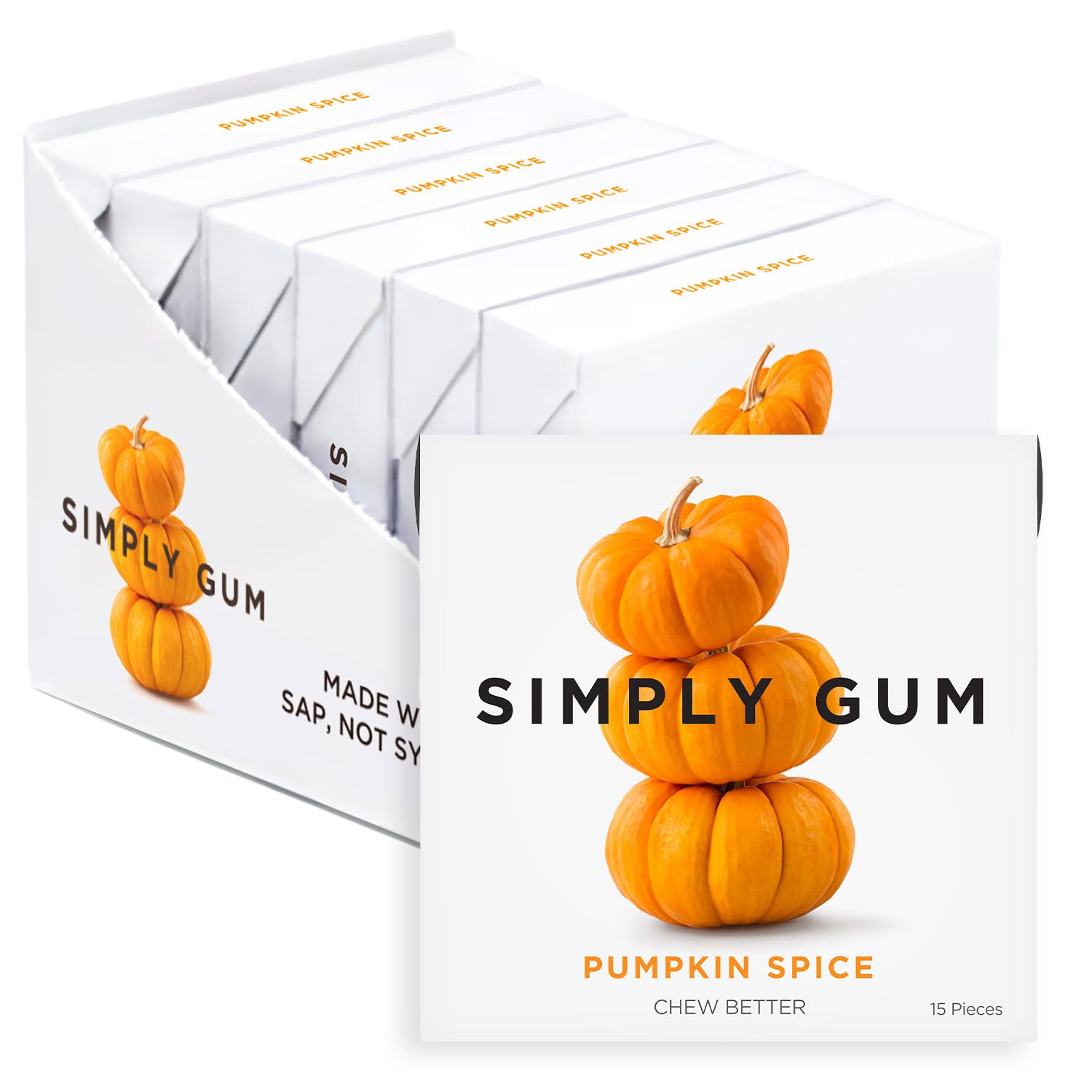 SIMPLY Gum Pumpkin Spice, Plastic-Free Natural Chewing Gum, 6 Pack (90 Pieces)