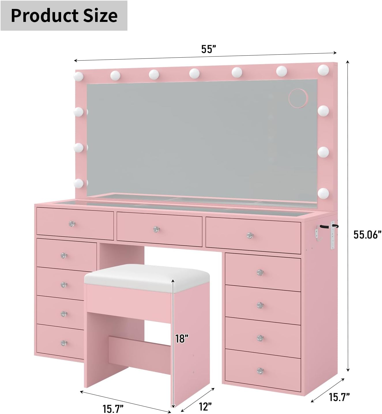 A diagram showing the dimensions of the pink vanity desk, including width (55 inches), height (55.06 inches), and depth (15.7 inches), along with the stool dimensions.